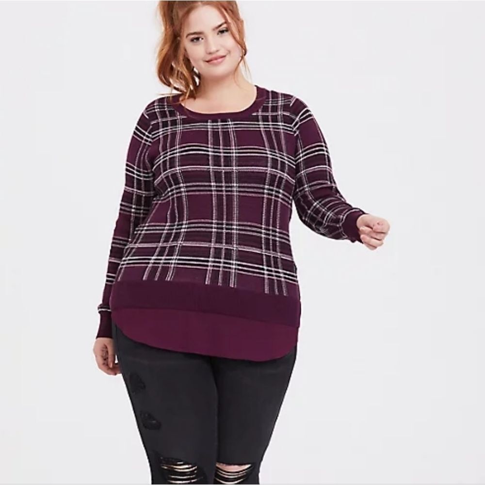 Torrid Plaid 2Fer Pullover Sweater – Burgundy Purple 0X